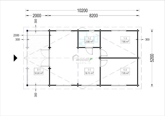 Proiect Casa lemn cu terasa acoperita MIRELA, perete simplu, 42 mp + 10 mp terasa