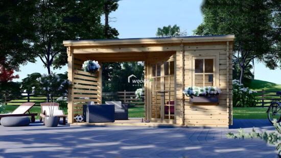 Căsuță grădină cu terasă acoperită EVA, perete 28mm, 5x3m, 9mp + 6,5mp terasă