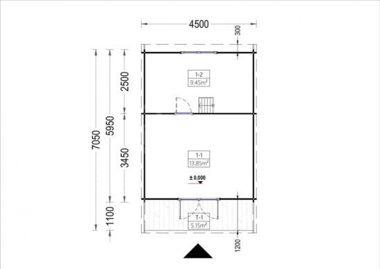 Proiect Casa din lemn de Pin Nordic, TIP A, 44 mm, 4.5x7 m, 23 mp + 14 mp
