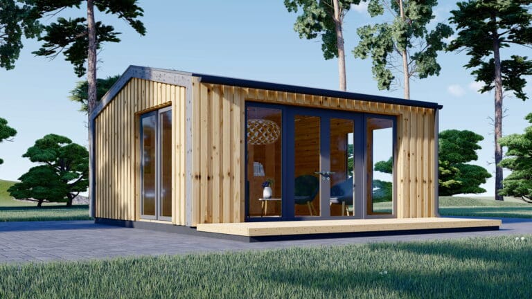 Căsuță de grădină din lemn termoizolabilă, 25 mp, acoperis in doua ape, perete de 34mm + placare, 5x5m, EMMY