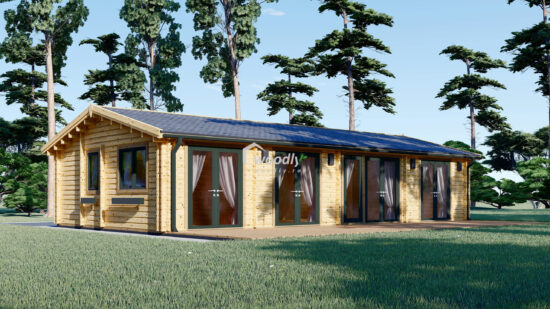 Casă din lemn termoizolabilă rezidentială, 75mp, 4 camere, baie, Perete dublu 44+44, 13x6m, AGNES