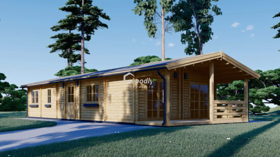 Casa din Lemn Termoizolabila, rezidentiala 90mp, 4 camere, Terasa acoperita, Perete Dublu 44+44mm, 6x15 AVON