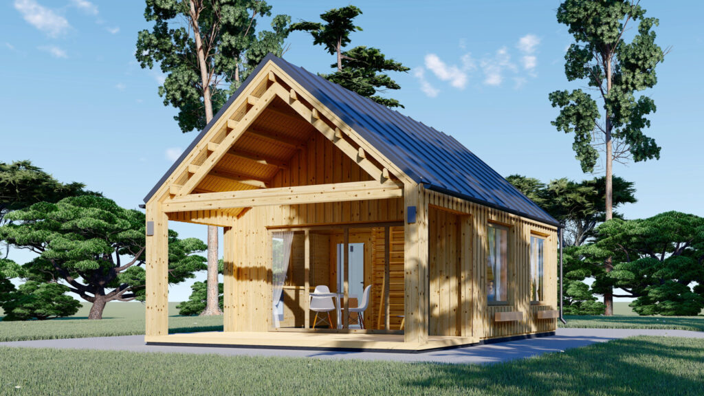 Casa din Lemn termoizolabila cu mansarda 39 mp + terasa acoperite 13mp, 4 camere, perete de 44mm + placare, 8x5m, AGATA