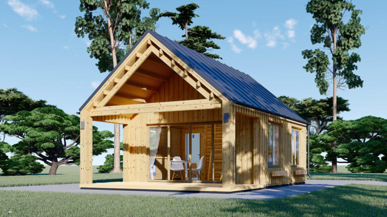 Casa din Lemn termoizolabila cu mansarda 39 mp + terasa acoperite 13mp, 4 camere, perete de 44mm + placare, 8x5m, AGATA