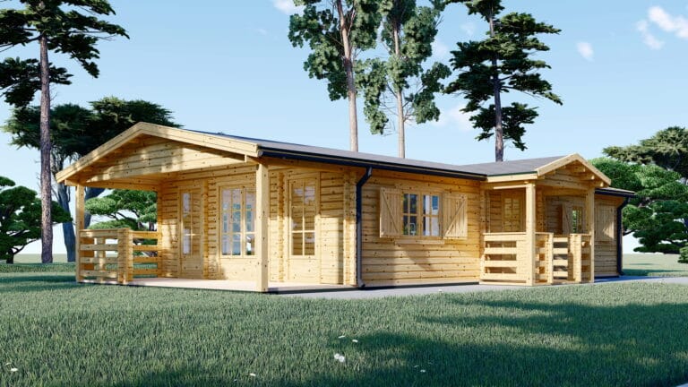 Casa din Lemn Termoizolabila rezidentiala, 75mp, 3 camere, baie, veranda, Perete 44+44, 6x13m, DONNA