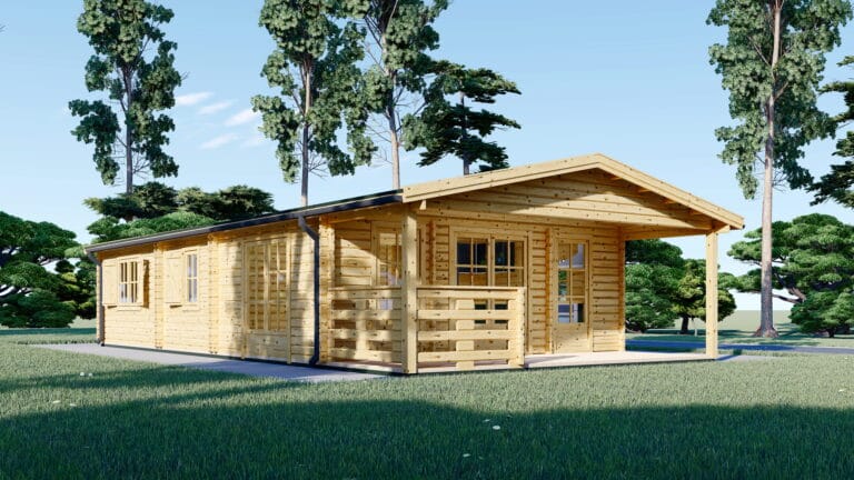 Casa din Lemn Termoizolabila rezidentiala, 75mp, 3 camere, baie, veranda, Perete 44+44, 6x13m, DONNA