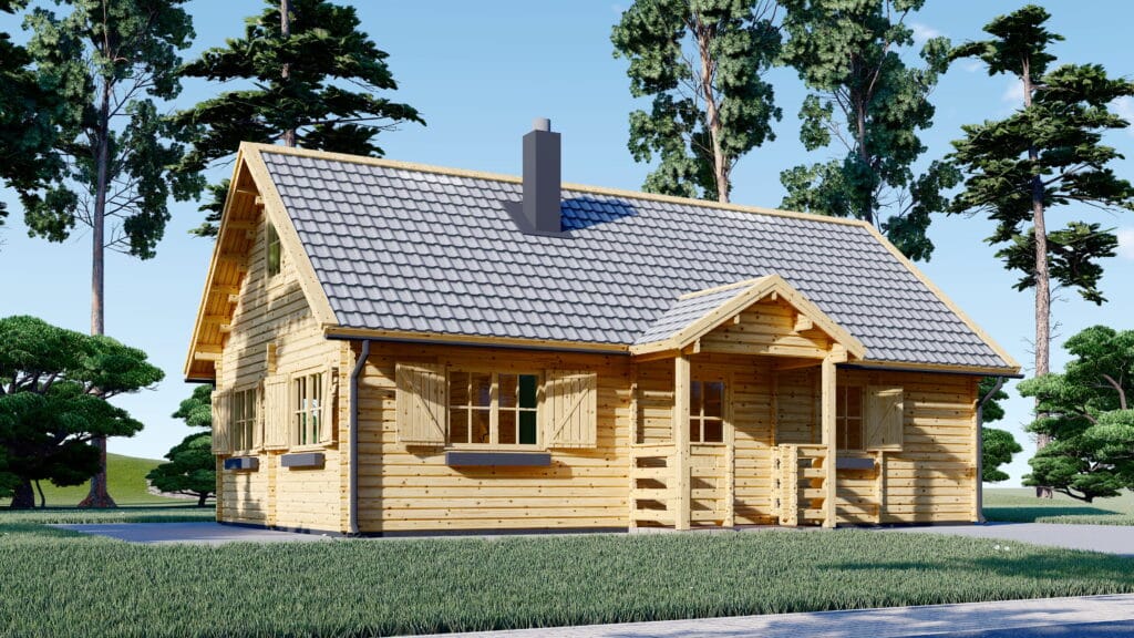 Casa din Lemn Termoizolabila rezidentiala, 70mp, cu mansarda, 5 camere, baie, Perete dublu 44+44, 8x6m, EMMA