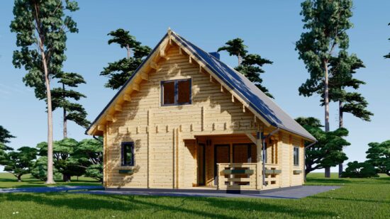 Casa din Lemn Termoizolabila rezidentiala, 80mp, mansarda, 4 camere, baie, veranda, Perete 44+44, 7x9m, DORIS