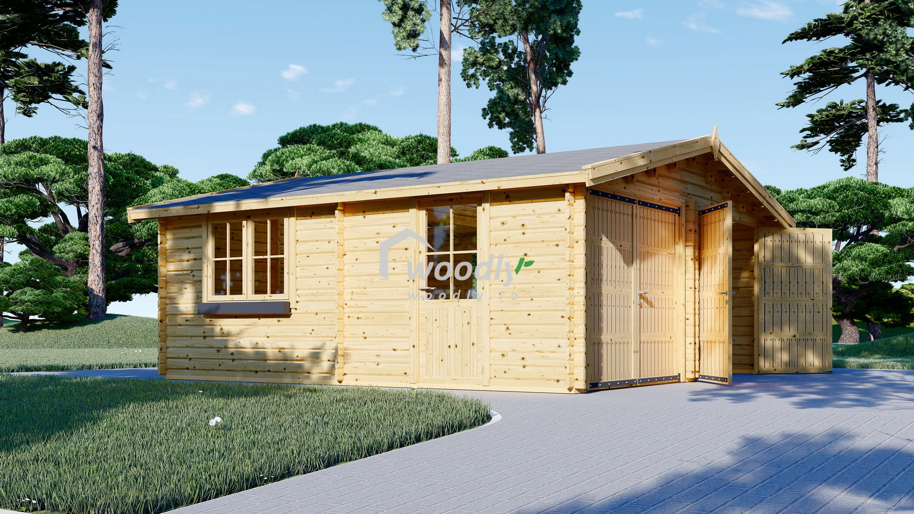 Garaj din lemn dublu, 36 mp, perete de 44mm, 6x6m CLASSIC DUO