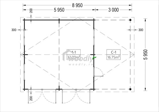 Proiect Garaj din lemn dublu si carport simplu, 9x6m, 54mp, perete de 44mm