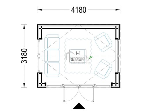 Proiect Căsuță de grădină din lemn, 12 mp, acoperis in doua ape, perete de 34mm + placare, 4x3m, EMMY