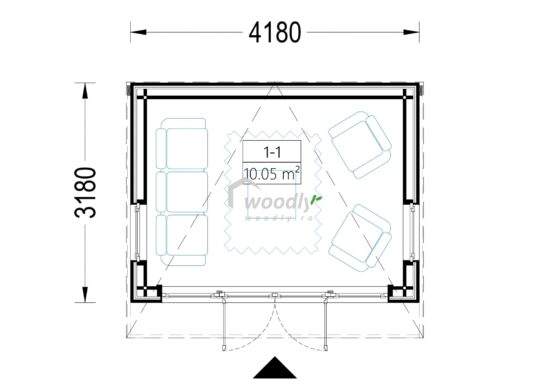 Proiect Căsuță de grădină din lemn termoizolabila, 12 mp, acoperis intr-o apa, perete de 34mm + placare, 4x3m, EVELIN