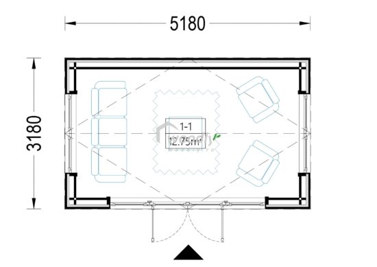 Proiect Căsuță de grădină din lemn, termoizolabila, 15 mp, acoperis in doua ape, perete de 34mm + placare, 5x3m, EMMY