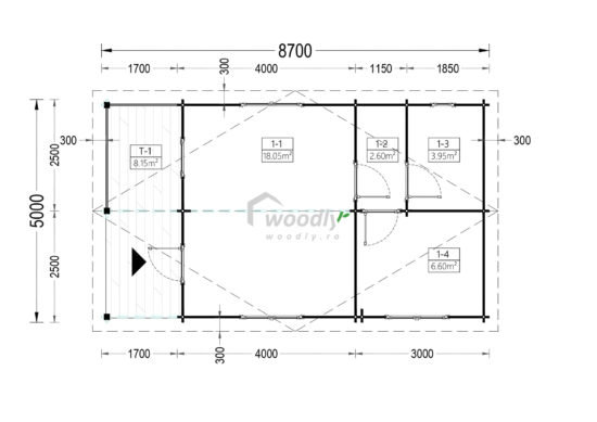 Casă din lemn cu verandă, 35mp + 8mp, 3 camere, Perete 44mm, 5x9m, ARGO