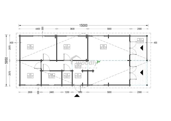 Casa din Lemn Termoizolabila, rezidentiala 90mp, 4 camere, Terasa acoperita, Perete Dublu 44+44mm, 6x15 AVON