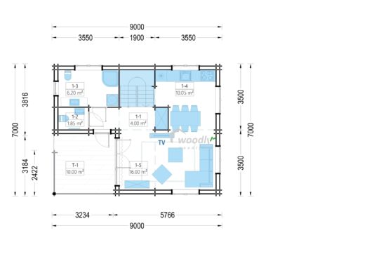 Proiect Casa din Lemn Termoizolabila rezidentiala, 80mp, mansarda, 4 camere, baie, veranda, Perete 44+44, 7x9m, DORIS