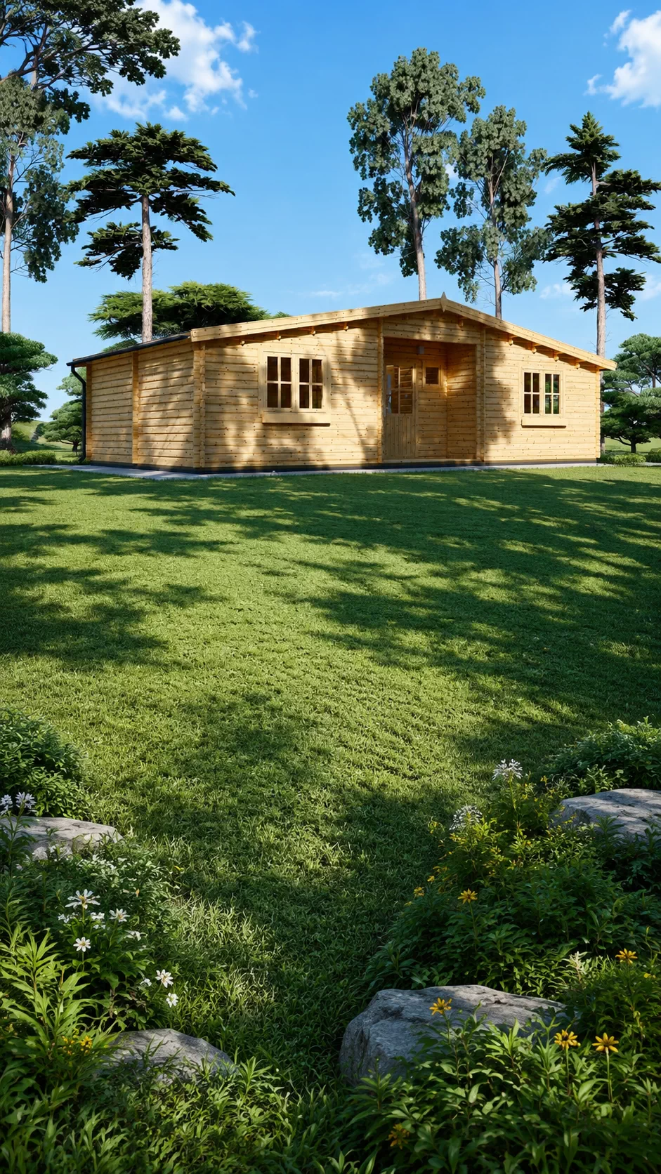 Casă din lemn la cheie, FILL, modulară, neizolată, 60mp, living, 2 dormitoare, baie, veranda, Perete unic 44 mm, 11x6m