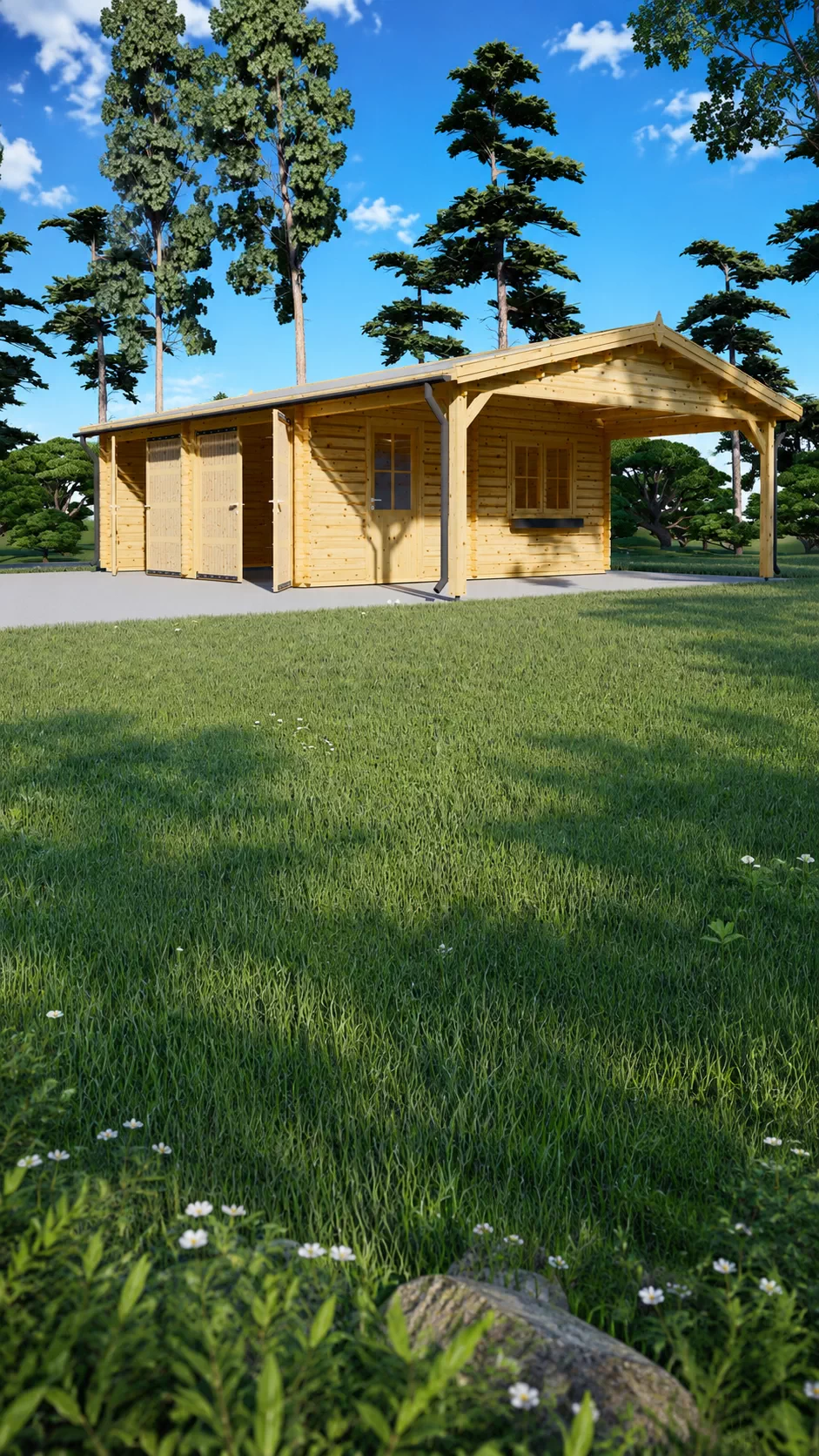 Garaj din lemn dublu si carport simplu, la cheie, MULTI, modular, 9x6m, 54mp, perete unic de 44mm