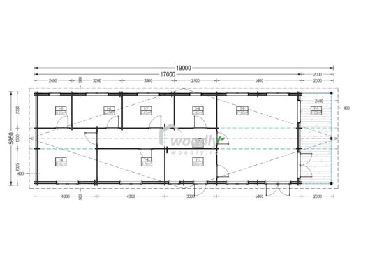 Casa din Lemn Termoizolabila rezidentiala, 114mp, veranda, 8 camere, baie, Perete dublu 44+44mm, 6x19 BOSTON