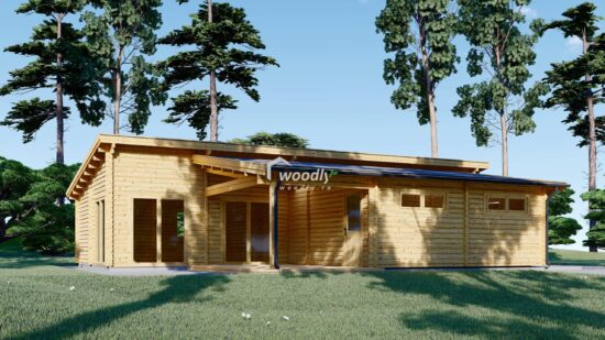 Casa din Lemn Termoizolabila rezidentiala, 105mp, 4 camere, baie, magazie, garaj, veranda, Perete dublu 44+44mm, 11x13m, BERTA