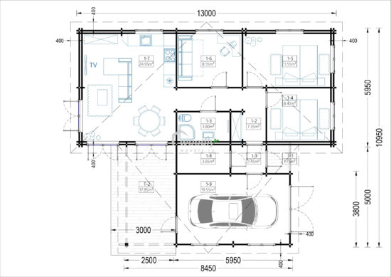 Casa din Lemn Termoizolabila rezidentiala, 105mp, 4 camere, baie, magazie, garaj, veranda, Perete dublu 44+44mm, 11x13m, BERTA