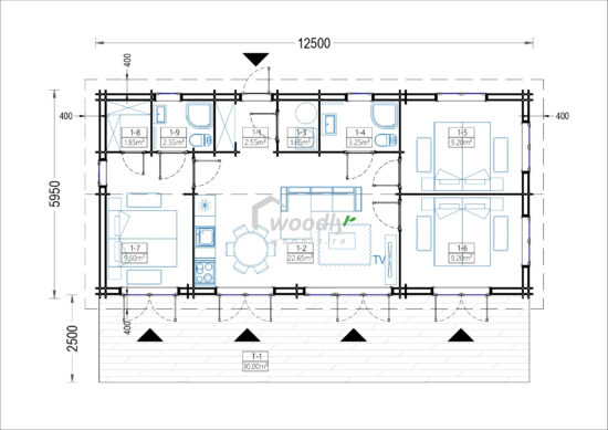 Proiect Casă din lemn termoizolabilă rezidentială, 75mp, 4 camere, baie, Perete dublu 44+44, 13x6m, AGNES
