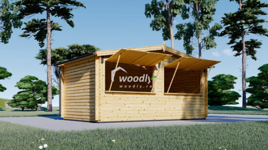 Chioșc din lemn, 15mp, 1 camere, 2 deschideri reglabile, perete unic de 28mm, 5x3m, Kiosk