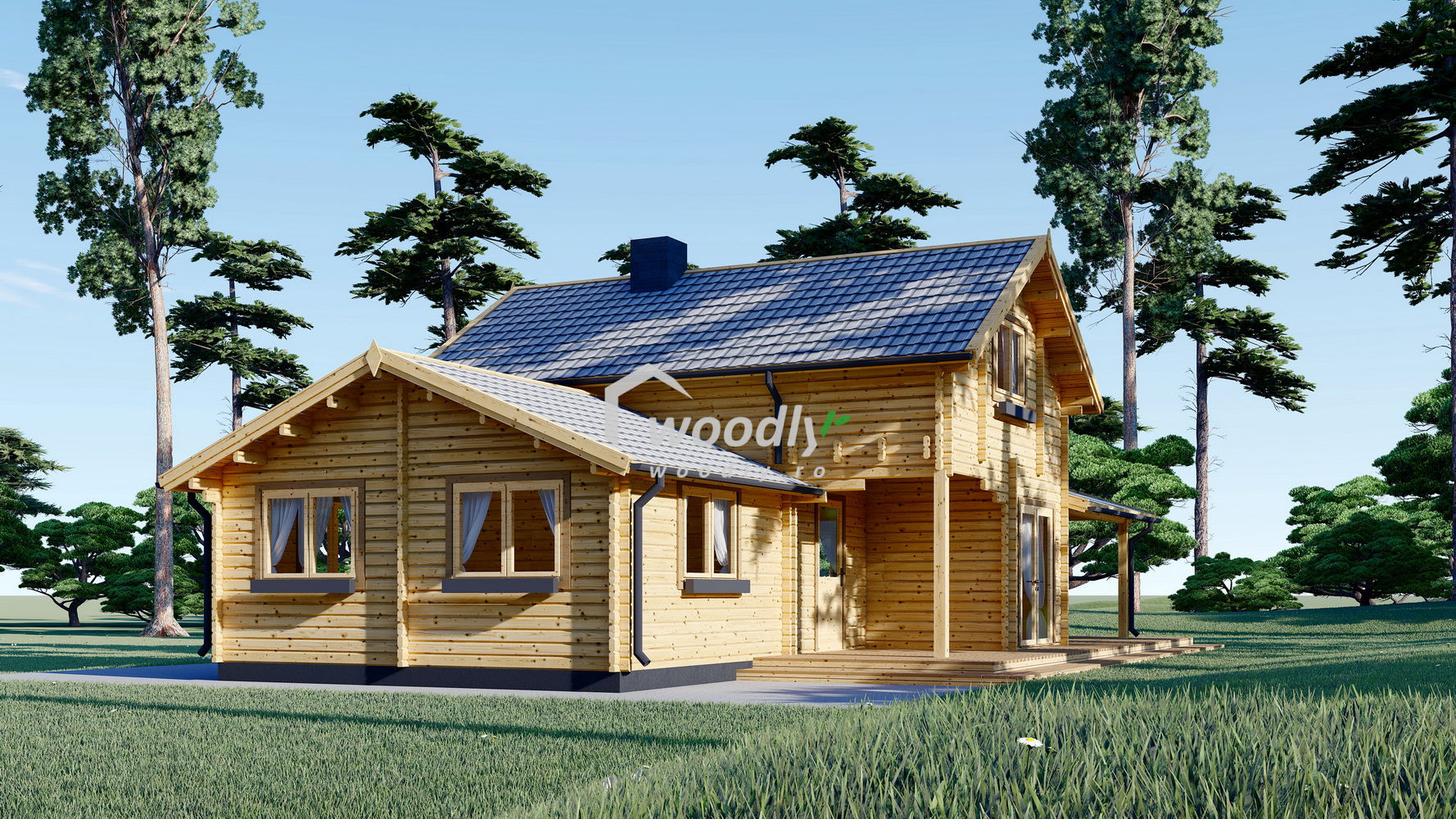 Casă din lemn izolată, 126mp, 6 camere, baie, terasa acoperita, veranda, mansarda, perete dublu de 44mm + Izolație + 44mm Pin Nordic, 9x6m, HOLLAND