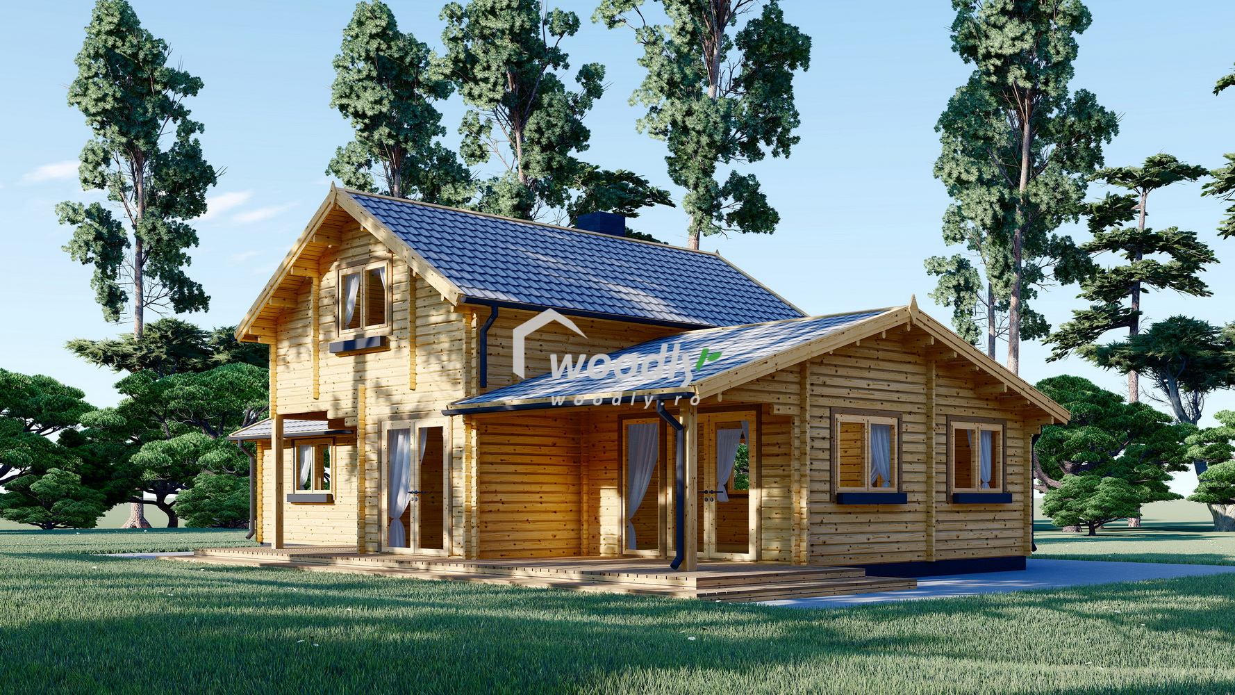 Casă din lemn izolată, 126mp, 6 camere, baie, terasa acoperita, veranda, mansarda, perete dublu de 44mm + Izolație + 44mm Pin Nordic, 9x6m, HOLLAND