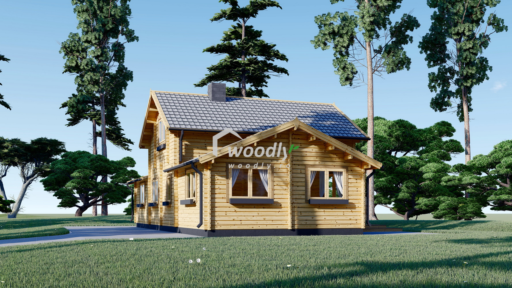 Casă din lemn izolată, 126mp, 6 camere, baie, terasa acoperita, veranda, mansarda, perete dublu de 44mm + Izolație + 44mm Pin Nordic, 9x6m, HOLLAND