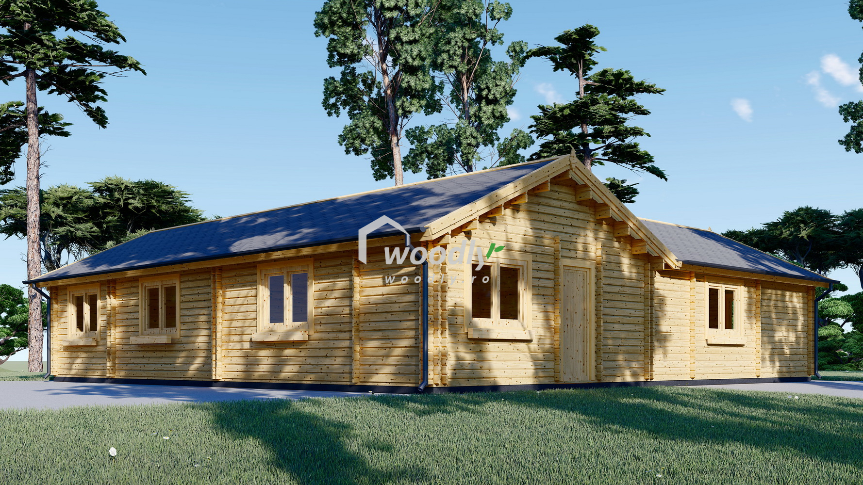 Casă din lemn izolată in forma de L, 124mp, 3 dormitoare, living, bai, magazie, perete dublu de 44mm + Izolație + 44mm, Pin Nordic, 15x13m, PAULA