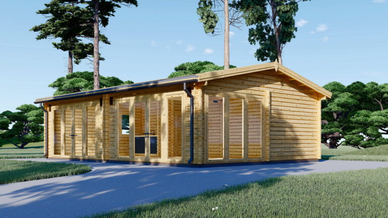 Casă din lemn izolată, 48 mp, 2 camere, baie, perete dublu de 44mm + Izolație + 20mm, Pin Nordic, 8x6m, MARINA