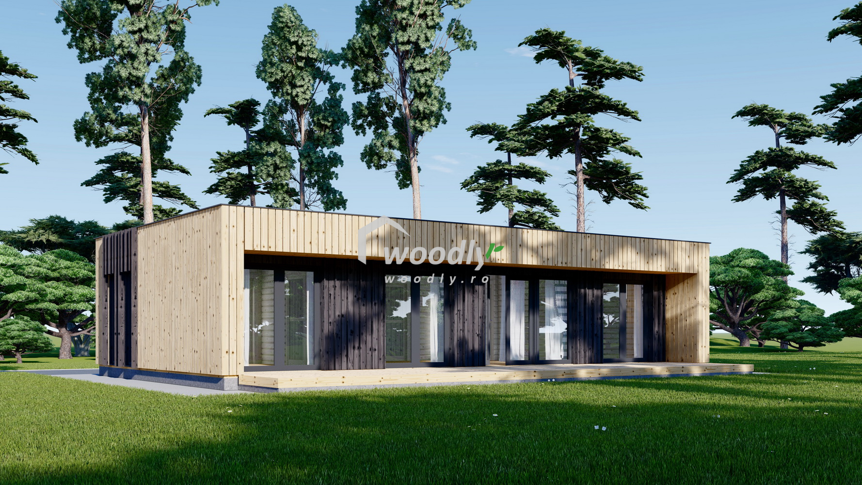 Casă din lemn izolată, 64 mp, 5 camere, baie, magazie, veranda perete dublu de 44mm + Izolație + 20mm, Pin Nordic, 9x7m, KAYA 2