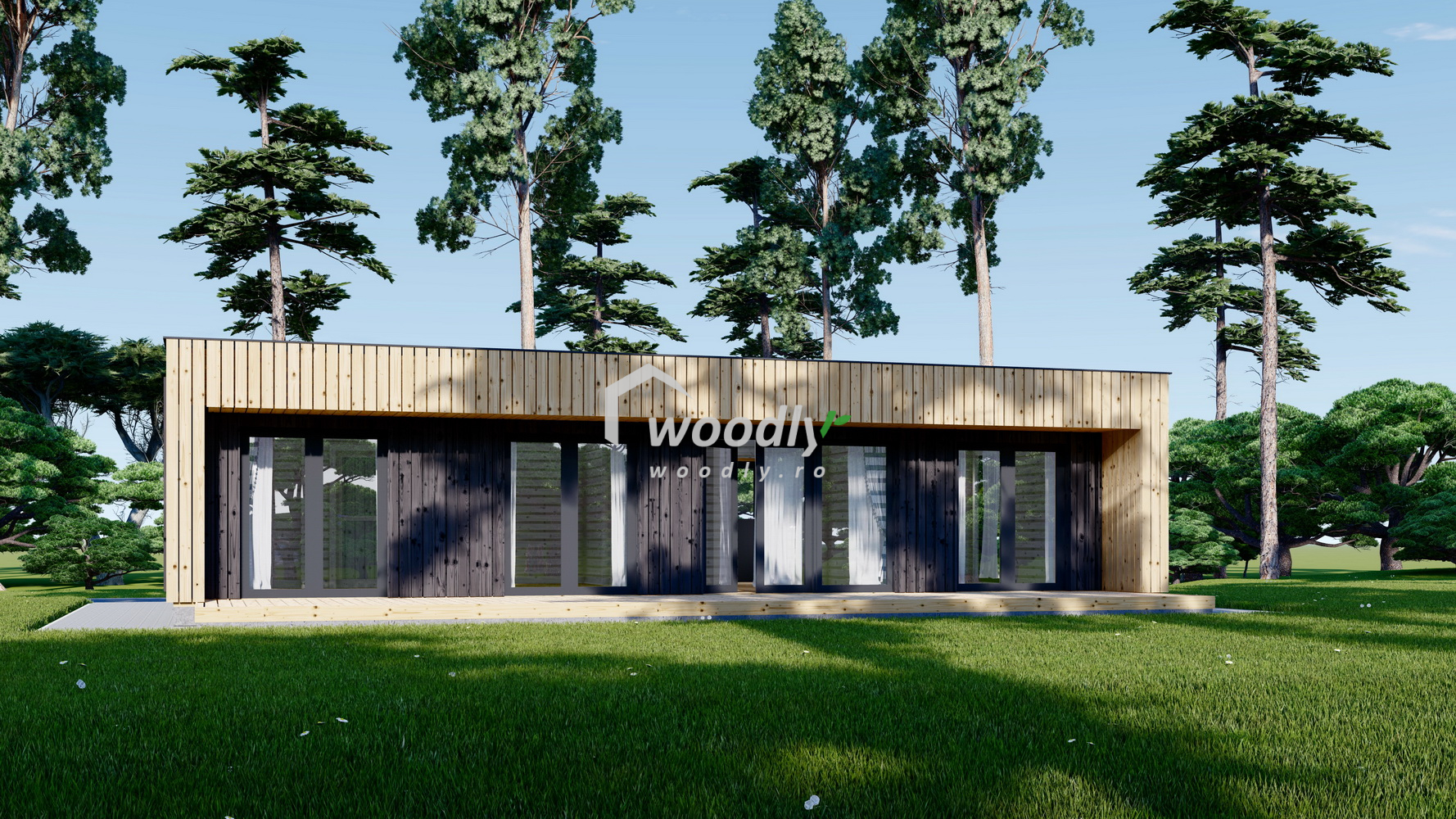 Casă din lemn izolată, 64 mp, 5 camere, baie, magazie, veranda perete dublu de 44mm + Izolație + 20mm, Pin Nordic, 9x7m, KAYA 2