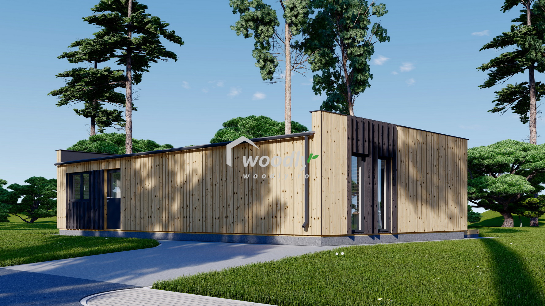 Casă din lemn izolată, 64 mp, 5 camere, baie, magazie, veranda perete dublu de 44mm + Izolație + 20mm, Pin Nordic, 9x7m, KAYA 2