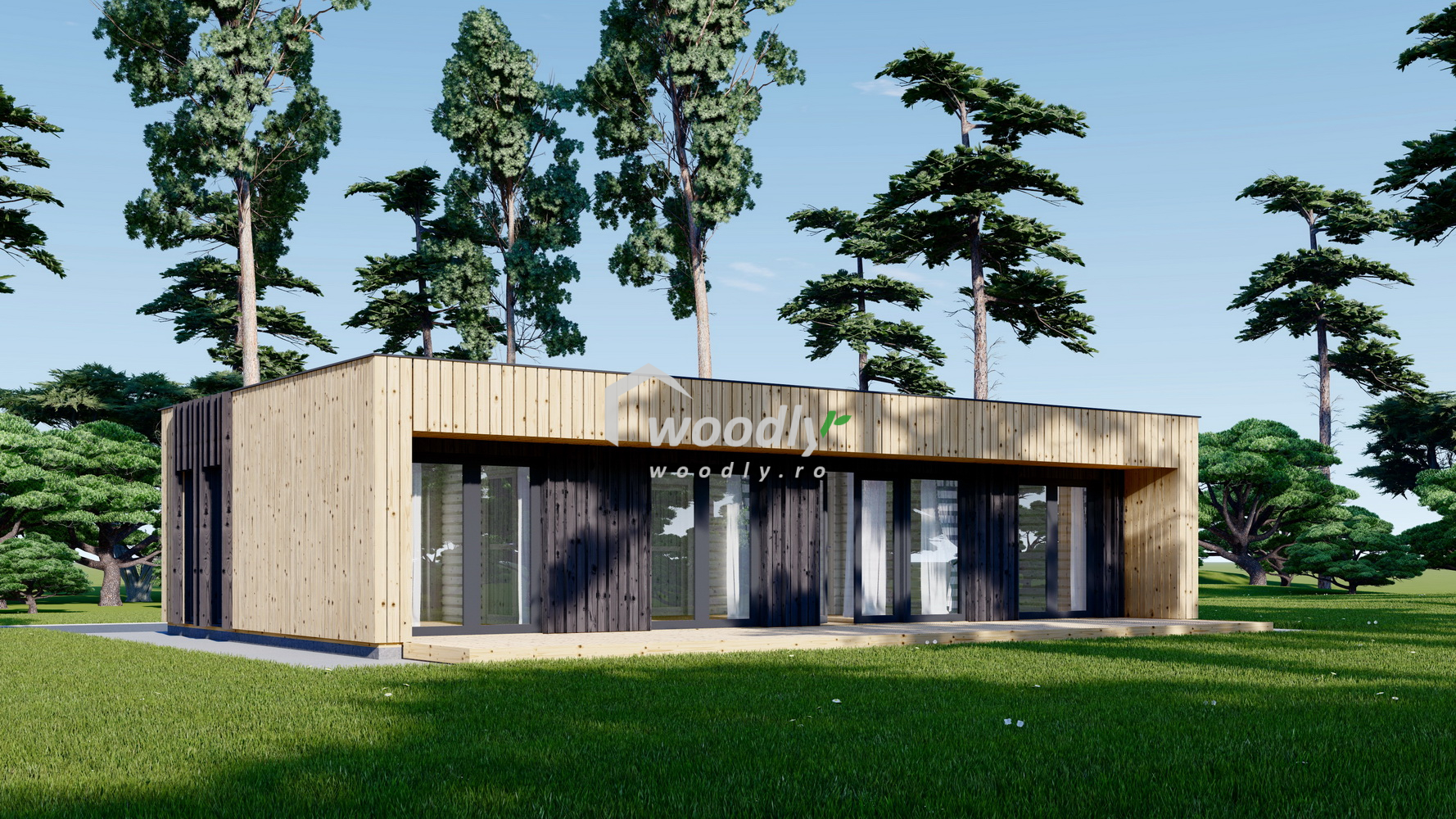 Casă din lemn izolată, 70 mp, 5 camere, baie, magazie, acoperis prelungit, perete dublu de 44mm + Izolație + 20mm, Pin Nordic, 13x7m, KAYA 3