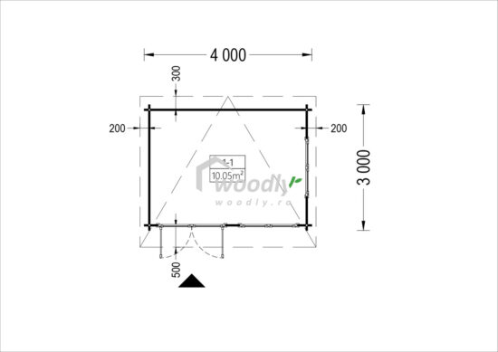 Proiect Căsuță de grădină din lemn pin nordic, 12mp, 1 camera, 4x3m, perete unic 34mm, acoperis intr-o apa, LILLE