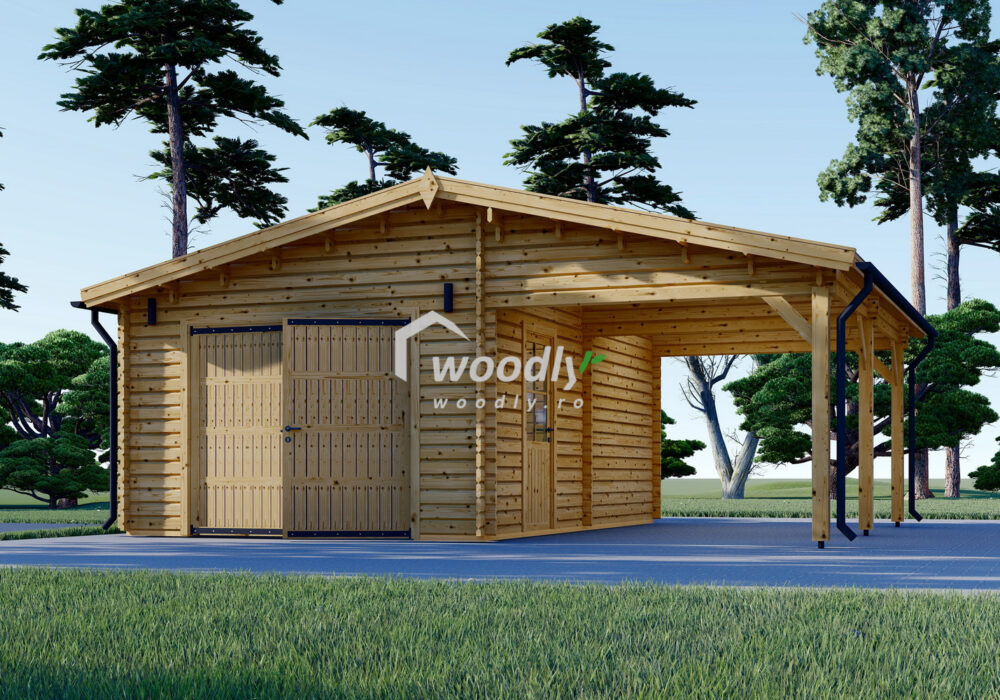 Garaj din lemn cu carport, 7x6m, 42mp, perete de 44mm, MULTI