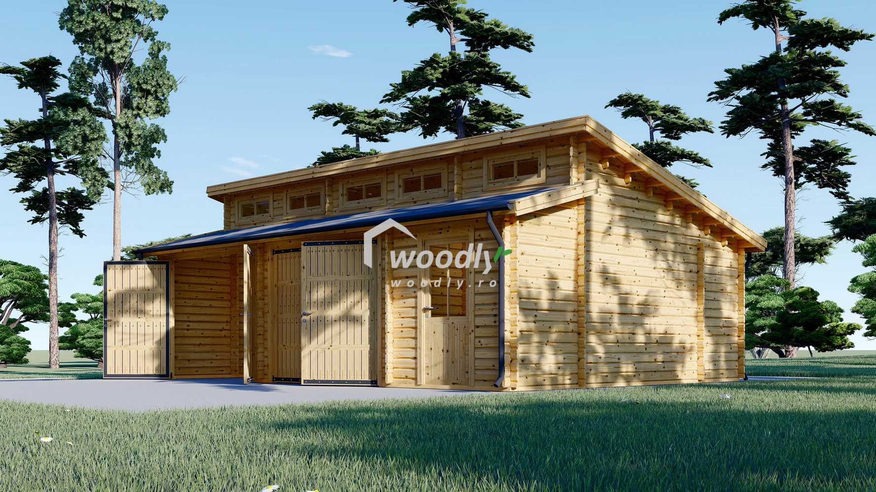 Garaj din lemn dublu cu magazie, 8x6m, 48mp, perete de 44mm, TWIN