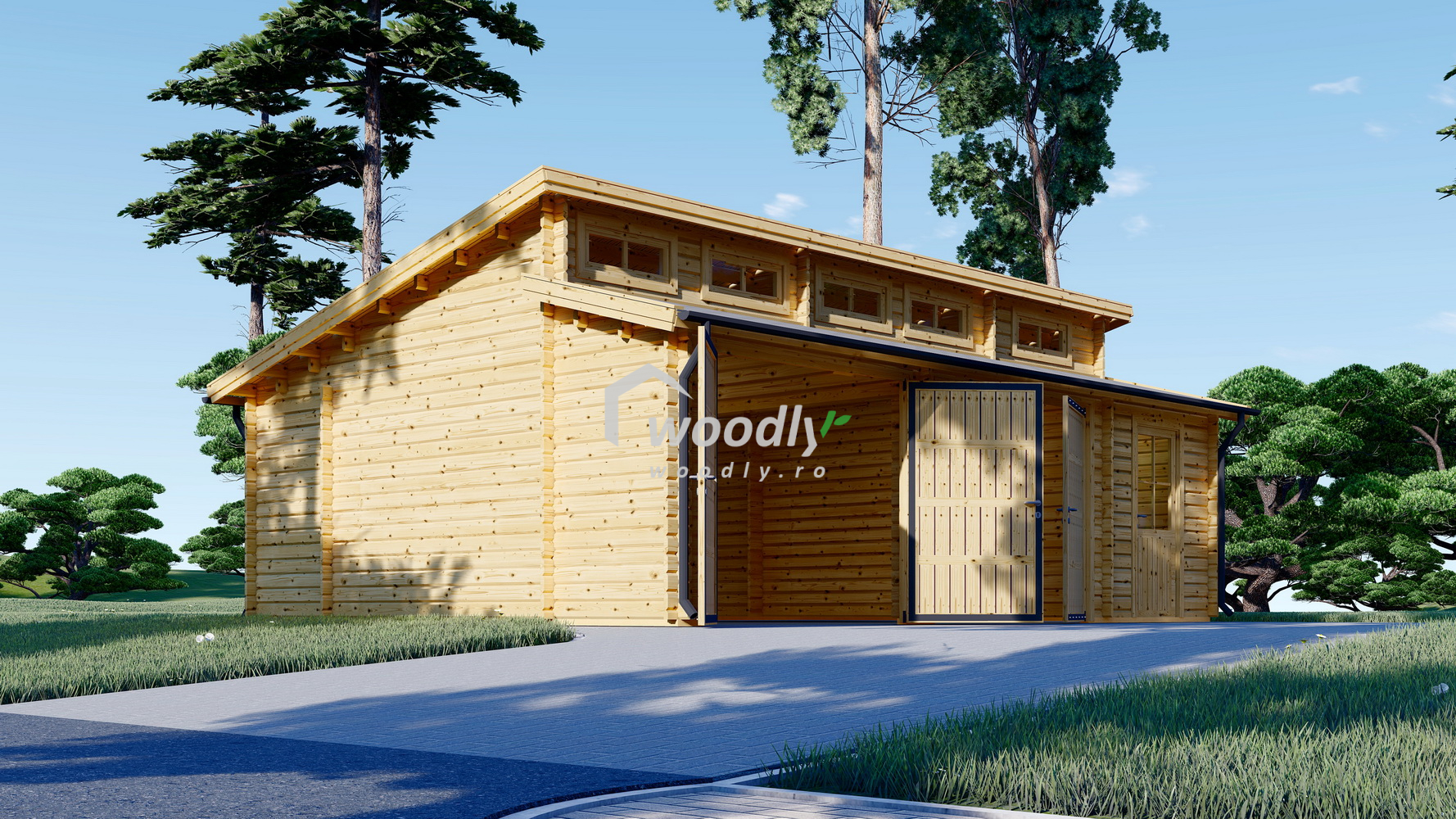 Garaj din lemn dublu cu magazie, 8x6m, 48mp, perete de 44mm, TWIN