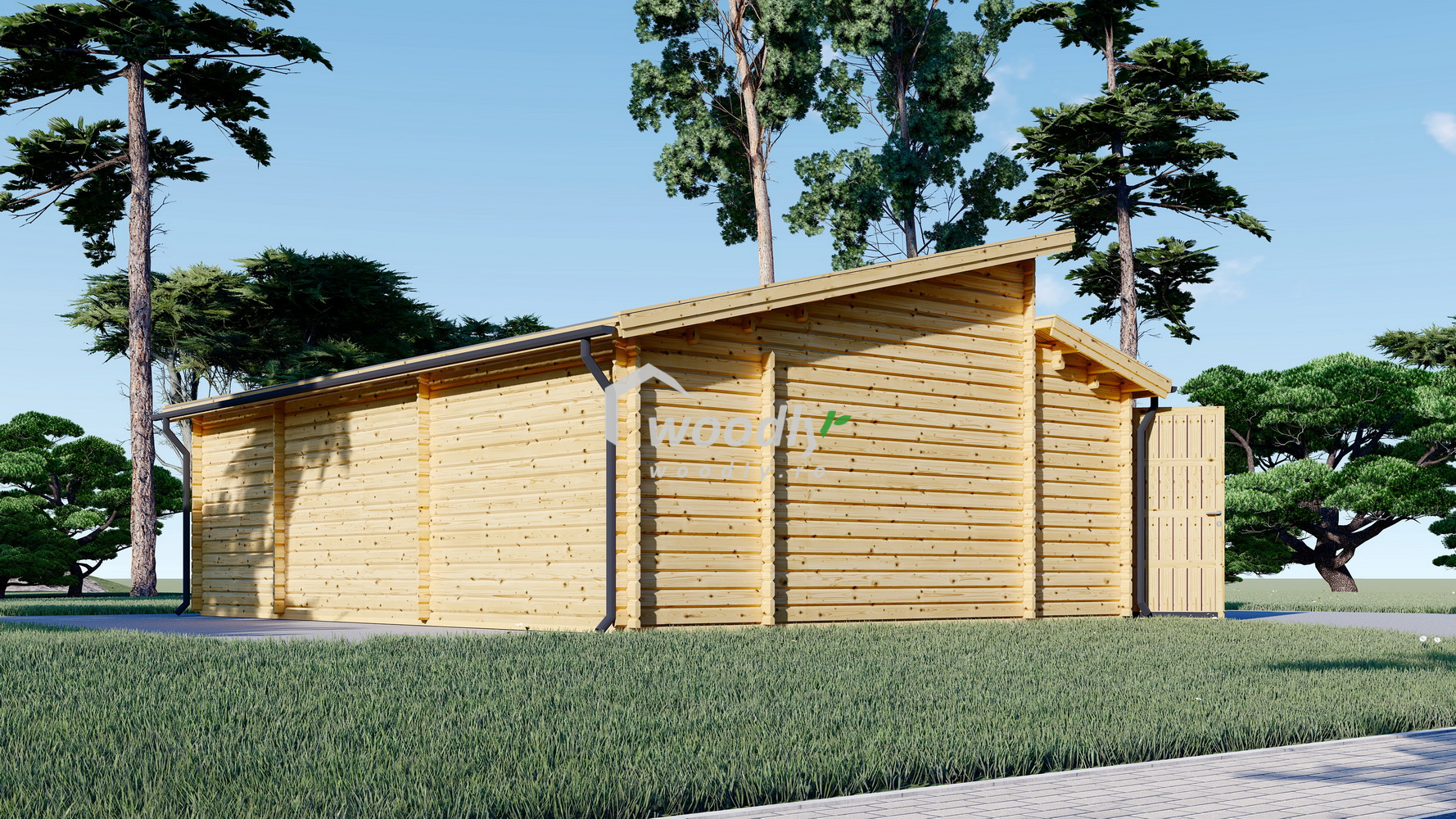 Garaj din lemn dublu cu magazie, 8x6m, 48mp, perete de 44mm, TWIN