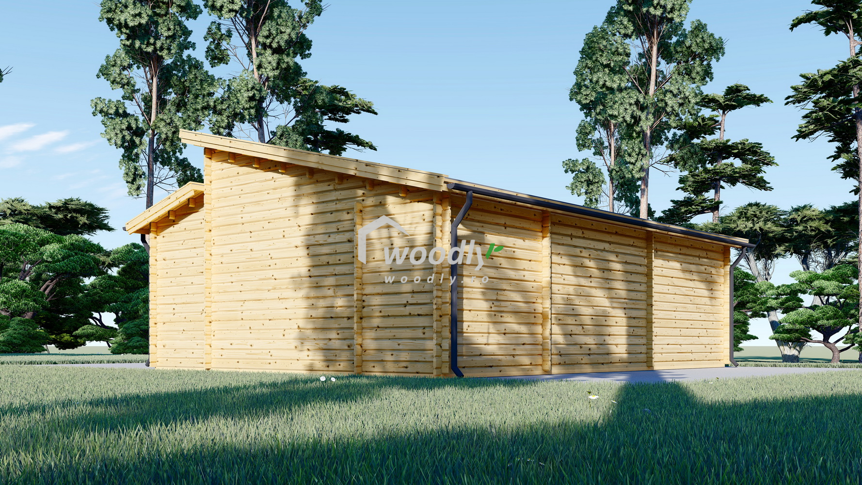 Garaj din lemn dublu cu magazie, 8x6m, 48mp, perete de 44mm, TWIN