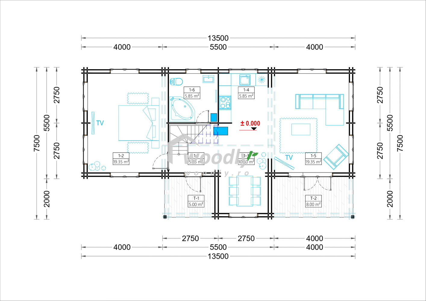 Proiect Casă din lemn izolată, 126mp, 6 camere, baie, terasa acoperita, veranda, mansarda, perete dublu de 44mm + Izolație + 44mm Pin Nordic, 9x6m, HOLLAND