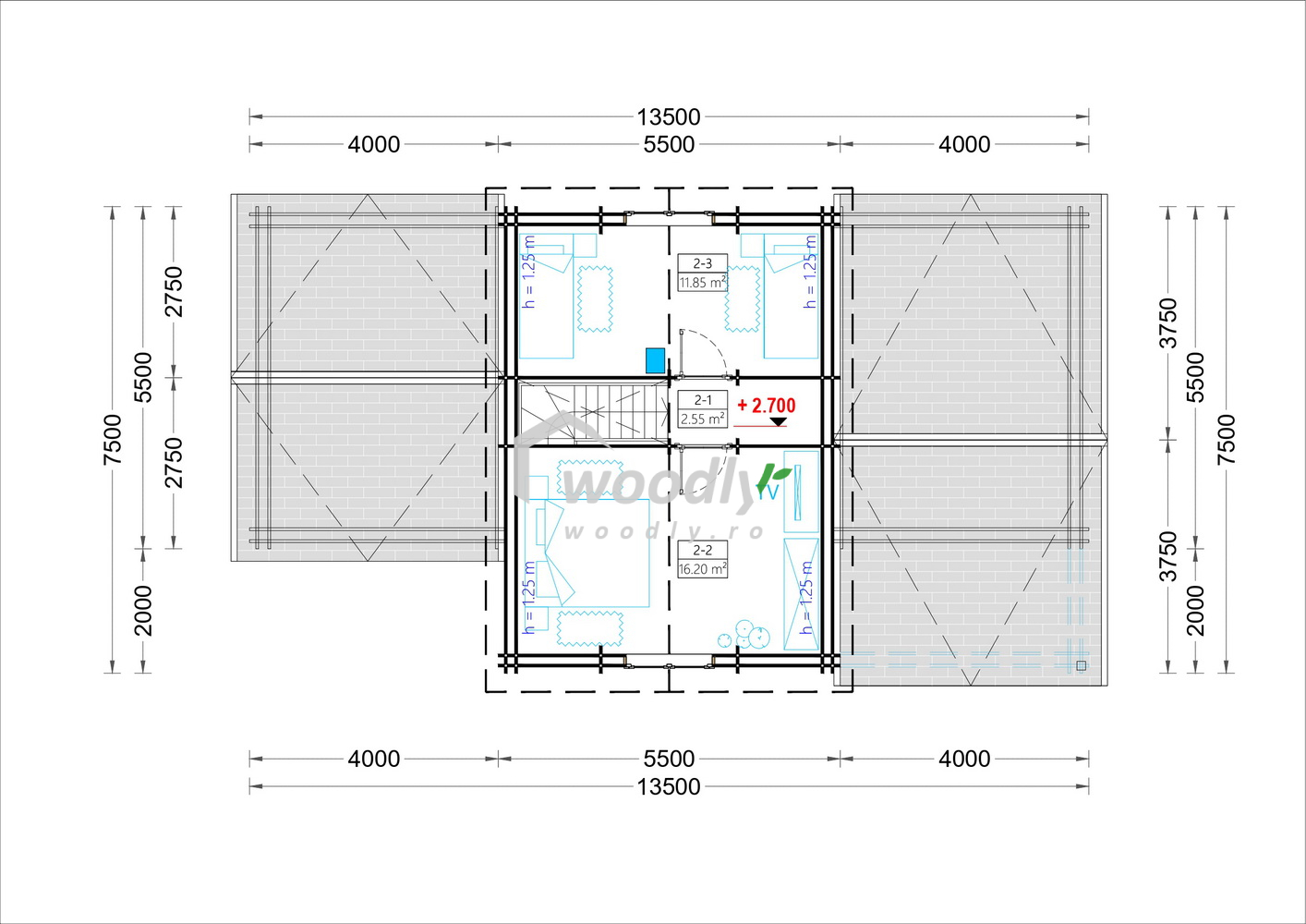 Proiect Casă din lemn izolată, 126mp, 6 camere, baie, terasa acoperita, veranda, mansarda, perete dublu de 44mm + Izolație + 44mm Pin Nordic, 9x6m, HOLLAND