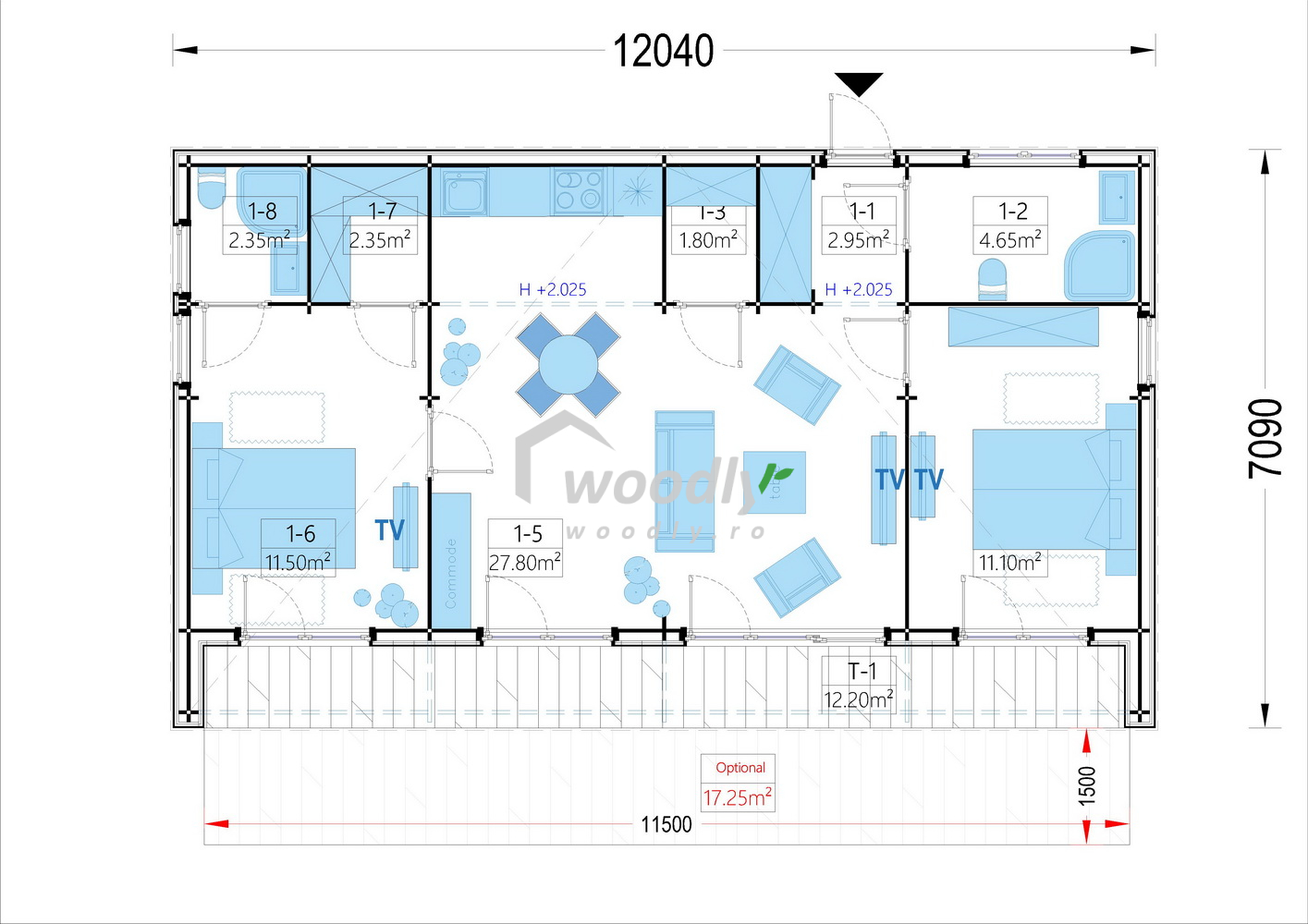 Ptoiect Casă din lemn izolată, 64 mp, 5 camere, baie, magazie, veranda perete dublu de 44mm + Izolație + 20mm, Pin Nordic, 9x7m, KAYA 2