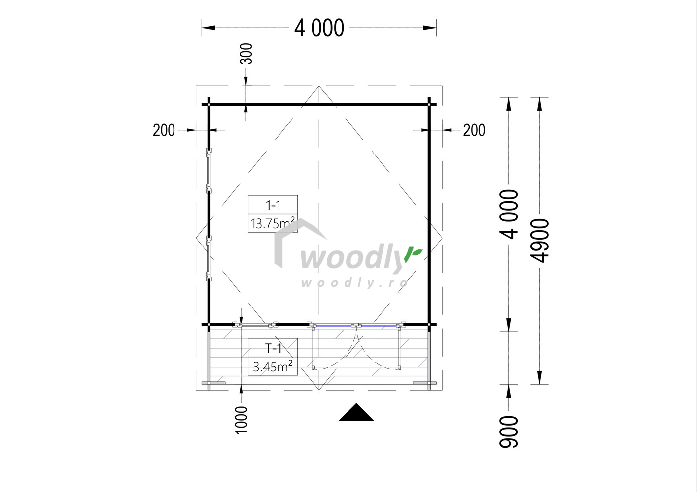 Proiect Căsuță de grădină din lemn, 20 mp, 1 camere, veranda, perete unic de 44mm, 4x5m, KING