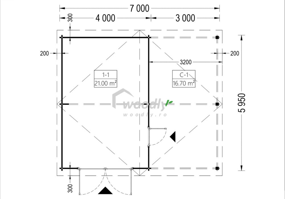 Proiect Garaj din lemn cu carport, 7x6m, 42mp, perete de 44mm, MULTI