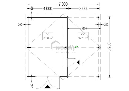 Proiect Garaj din lemn cu carport, 7x6m, 42mp, perete de 44mm, MULTI