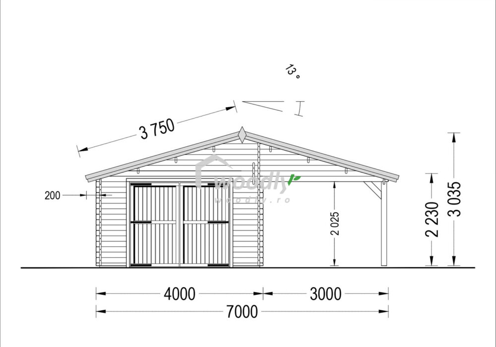 Proiect Garaj din lemn cu carport, 7x6m, 42mp, perete de 44mm, MULTI
