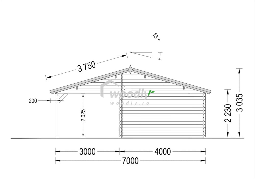 Proiect Garaj din lemn cu carport, 7x6m, 42mp, perete de 44mm, MULTI